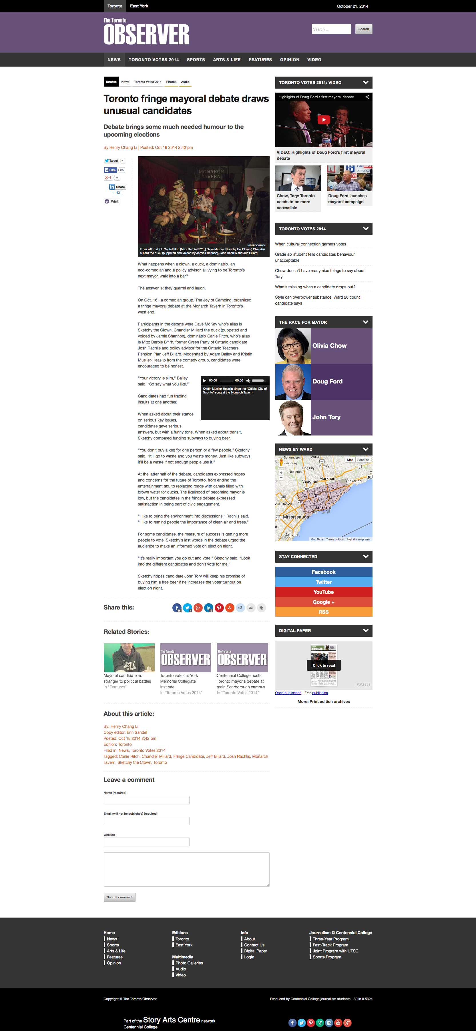 Article about fringe candidates Mayoral debate - Toronto Observer - Oct. 18, 2014